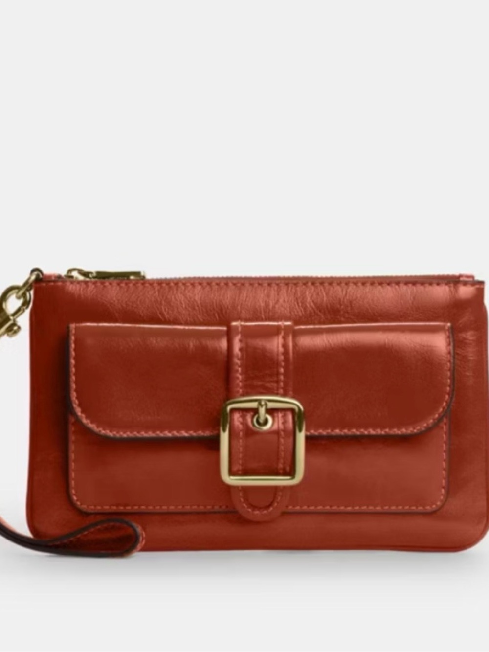 Coach Red-Orange Leather Wristlet Clutch with Buckle Pocket